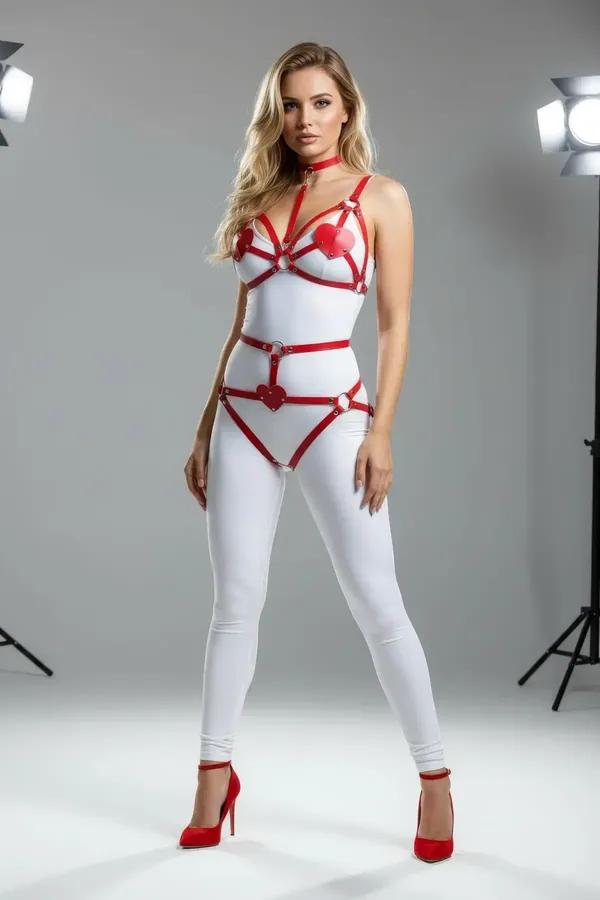 red vegan leather harness set with heart-shaped accents chest straps hip piece and matching choker worn over white bodysuit
