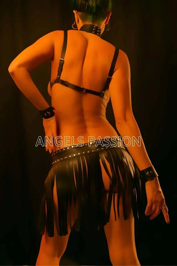 Faux Leather Harness Bra & Choker with Fringe Skirt Set