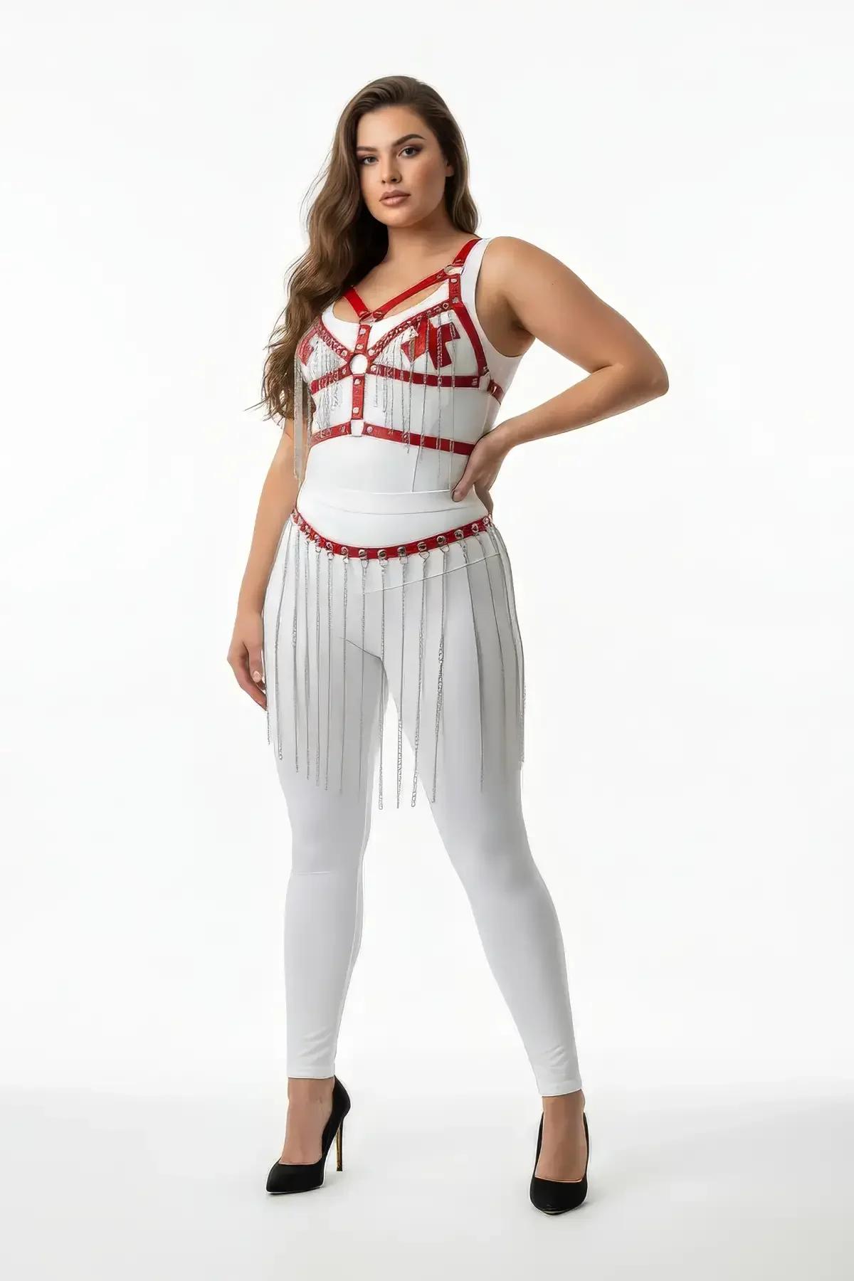 Body Harness Set with Red Bust Accents & Fringe Skirt
