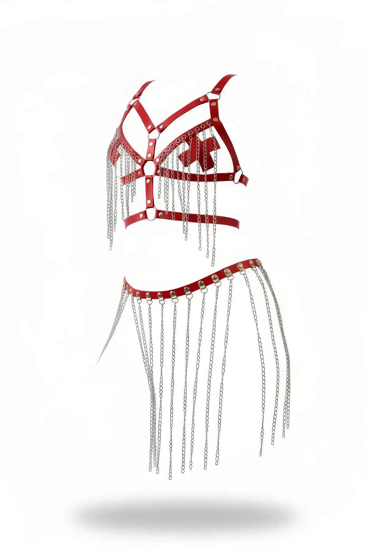 Red Faux Leather Chain Draped Harness Bralette & Skirt