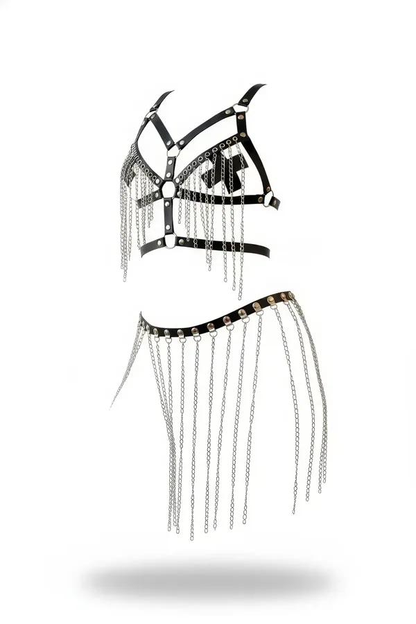 Faux Leather Caged Harness Bra & Draped Chain Skirt Set