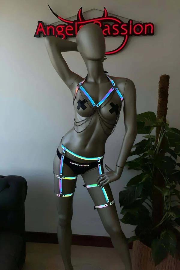 Reflective Rainbow Body Harness Set with O-Ring Accents