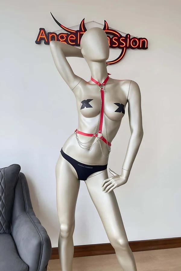 Red Faux Leather Chest Harness with O-Ring & Layered Chains