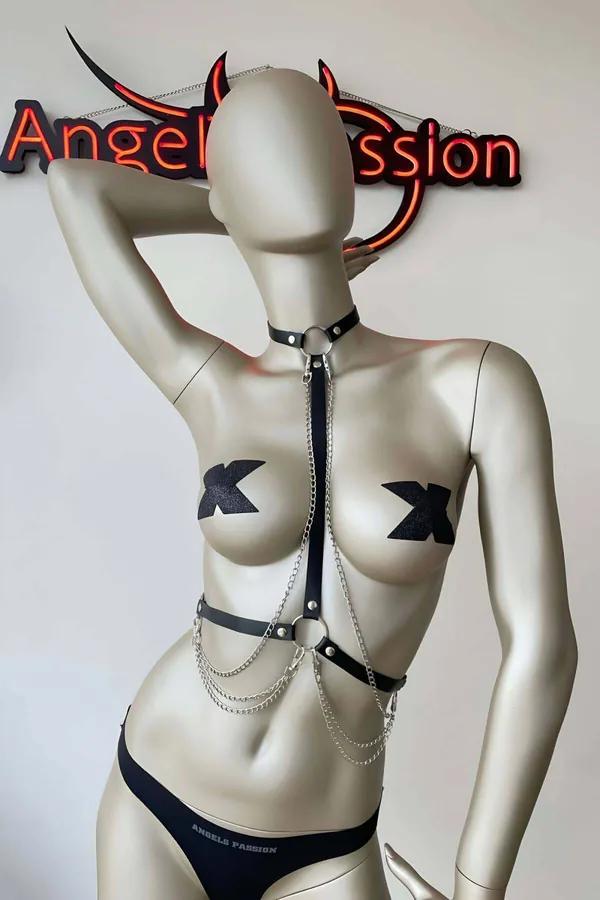 Faux Leather Body Harness with O-Ring & Layered Chains