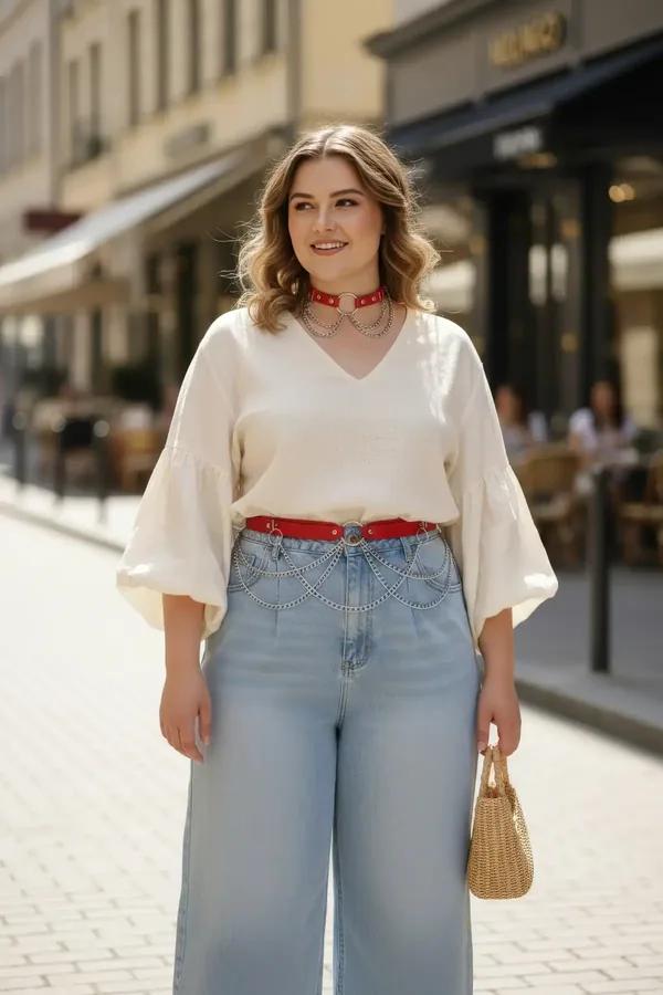 red faux leather waist belt with cascading silver link chains worn over wide-leg jeans and cream blouse street style