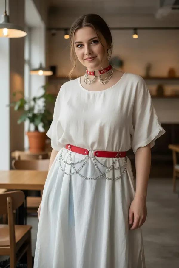 red faux leather waist belt with cascading silver link chains worn over wide-leg jeans and cream blouse street style
