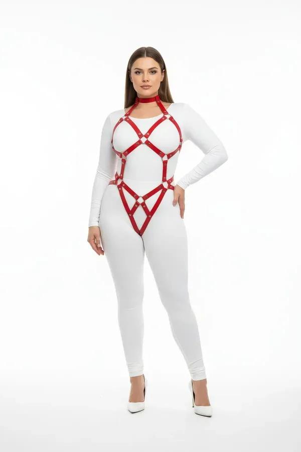 Red Full Body Harness with Detachable Choker and O-Ring Chain