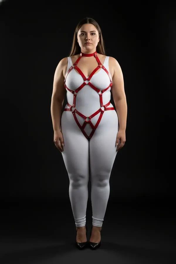 Red Full Body Harness with Detachable Choker and O-Ring Chain