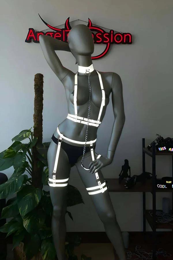 Reflektörlü harness jartiyer takım siyah zemin üzerinde beyaz yansımalı PU bantlı 4 parça set