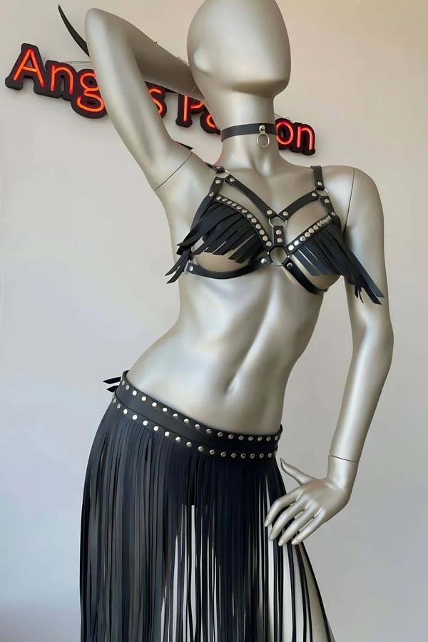 Fringe Harness Bra & Studded Waist Skirt Set