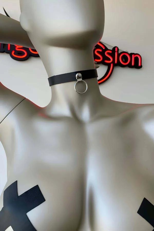 Black Faux Leather Choker with Silver O-Ring
