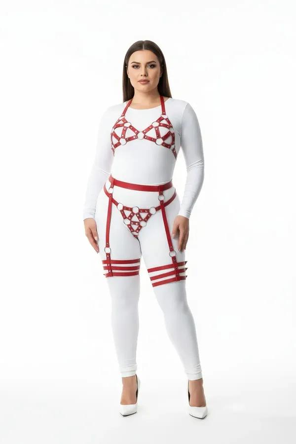 red vegan leather o-ring harness set with bra waist and double-band thigh cuffs silver hardware
