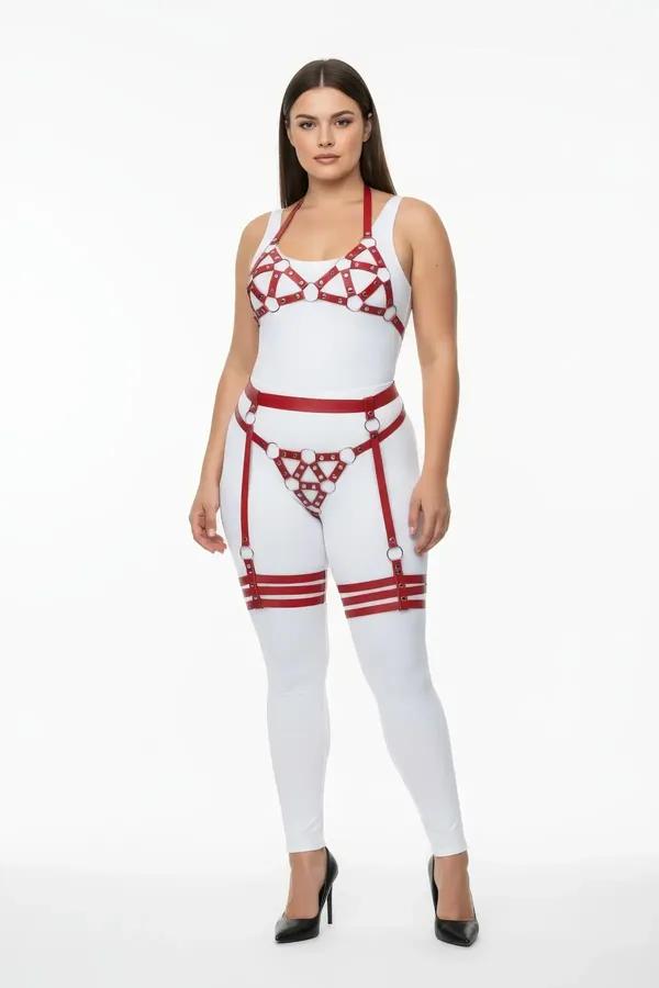 red vegan leather o-ring harness set with bra waist and double-band thigh cuffs silver hardware