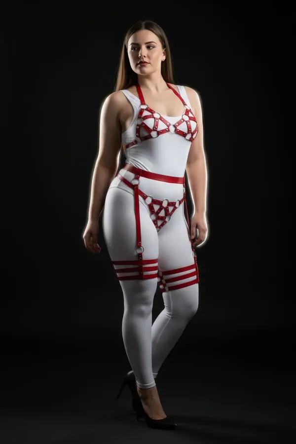 red vegan leather o-ring harness set with bra waist and double-band thigh cuffs silver hardware