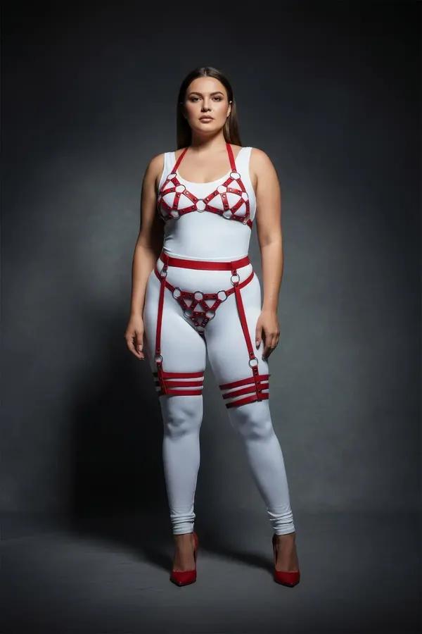 red vegan leather o-ring harness set with bra waist and double-band thigh cuffs silver hardware