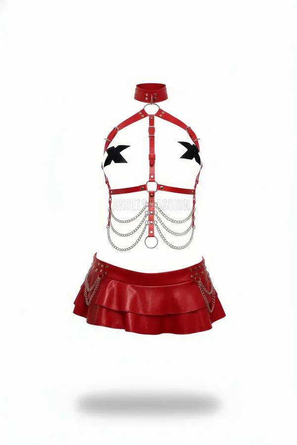 Red Faux Leather Body Harness & Tiered Skirt Set