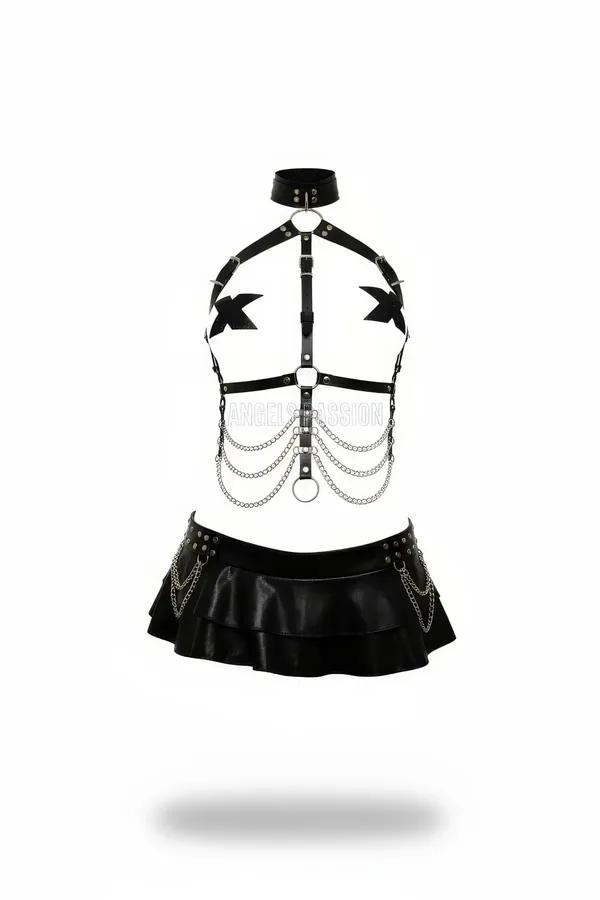 Black Faux Leather Choker, Harness, and Tiered Skirt Set