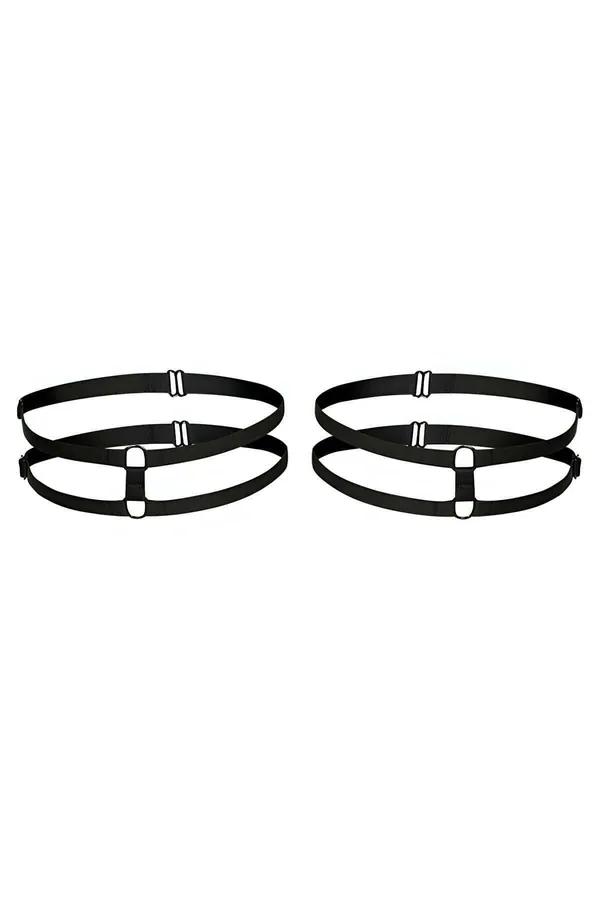 siyah elastik yaka bacak harness seti altın O-ring çift bantlı uyluk aksesuarı
