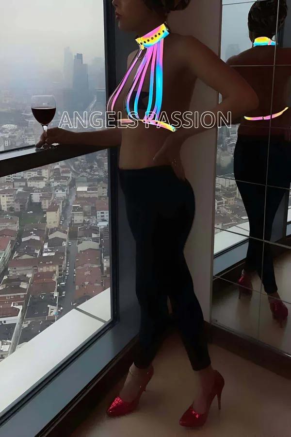 Rainbow reflektörlü harness büstiyer pembe mavi sarı bantlar boyun halkası metal O-ring detay