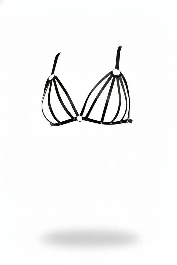 Black caged faux leather bra harness with silver O-rings, five radiating straps per cup, front view