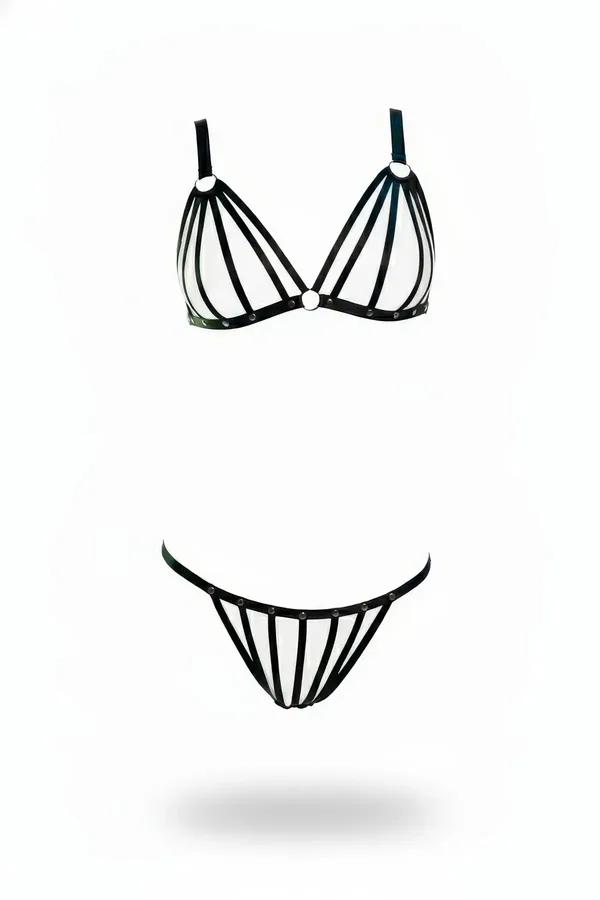 Black faux leather caged harness bra and thong set with silver O-ring and vertical strap cage construction