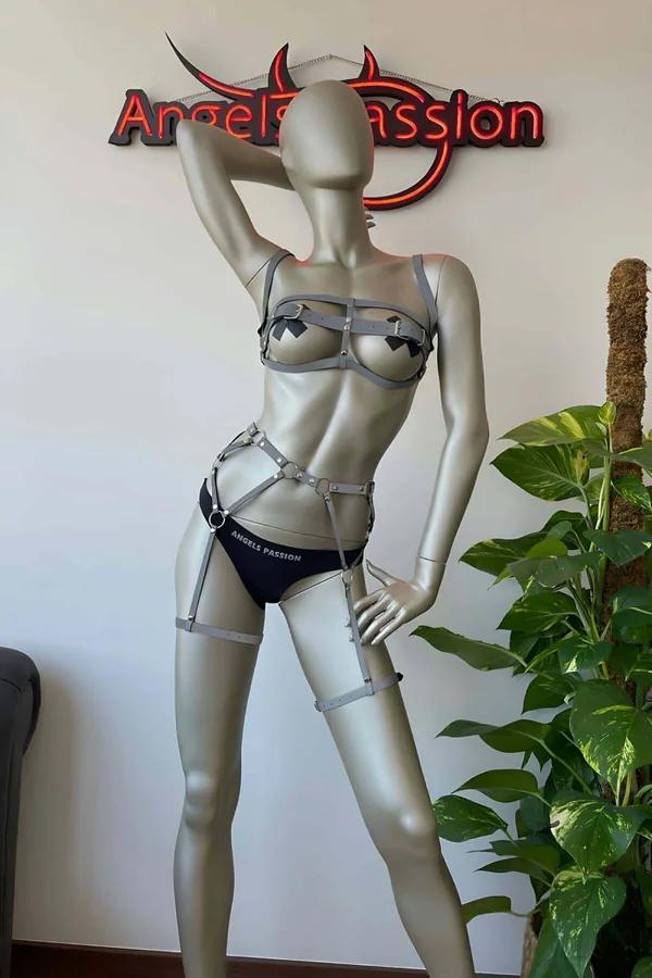 reflektörlü harness sütyen jartiyer takımı siyah bantlı beyaz yansımalı iki parça set