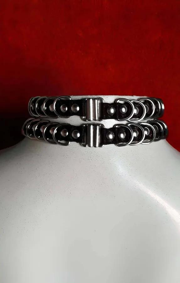 Siyah suni deri ikili bant choker kolye gümüş zincir perçin süsleme ve büyük O-halka sarkıtı