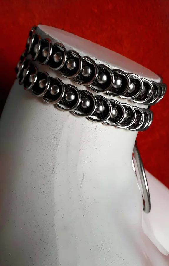 Siyah suni deri ikili bant choker kolye gümüş zincir perçin süsleme ve büyük O-halka sarkıtı
