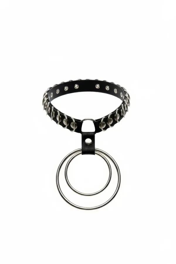 black faux leather studded choker with double concentric silver O-ring pendant on white background