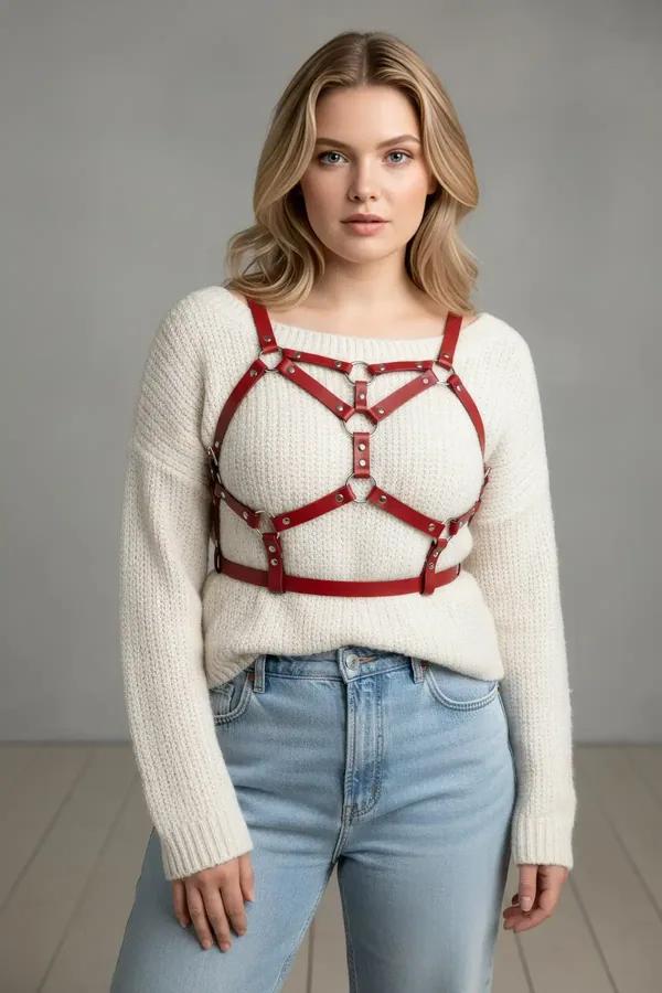 Red Faux Leather Chest Harness with O-Ring Details