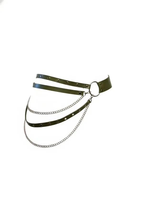 Faux Leather Waist Harness with Layered Chains & O-Ring