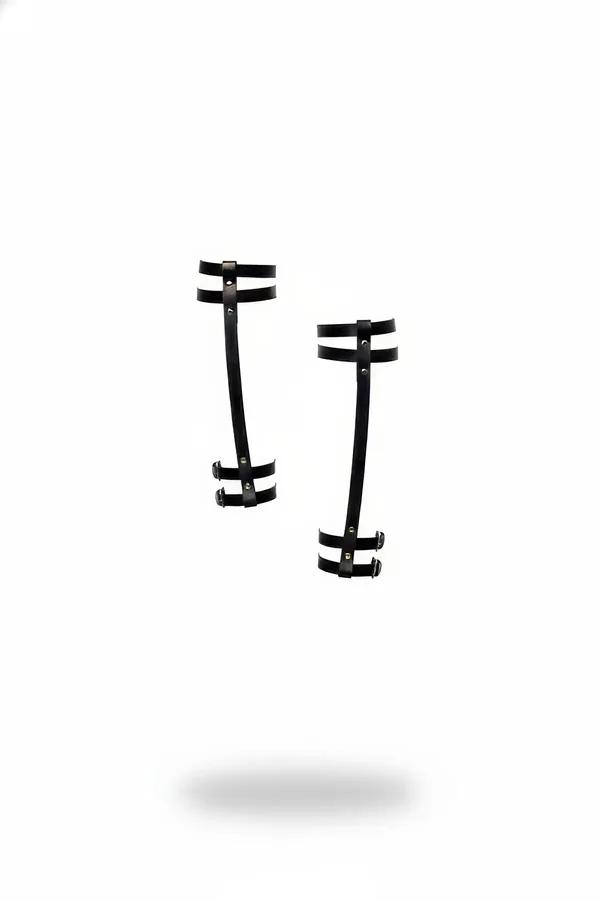 black faux leather thigh garter harness set with dual parallel bands and matte black buckle hardware