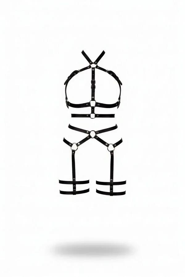 black faux leather full body harness with silver O-rings halter chest bands and double thigh strap cuffs