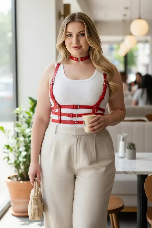 red faux leather caged underbust harness with three buckled horizontal bands and matching O-ring choker worn over white tank
