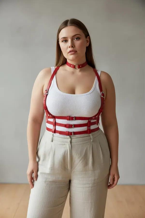 red faux leather caged underbust harness with three buckled horizontal bands and matching O-ring choker worn over white tank