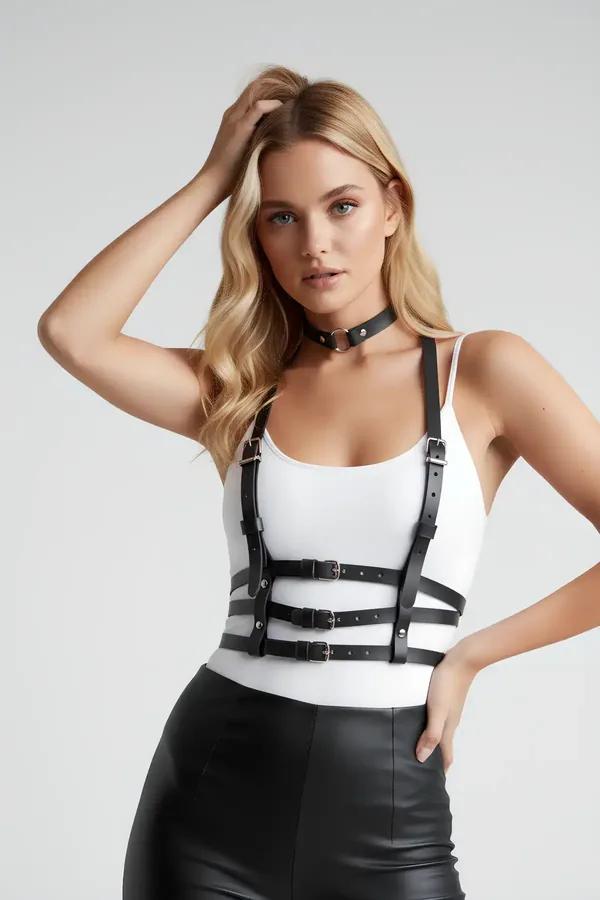 Adjustable Faux Leather Chest Harness with O-Ring Choker
