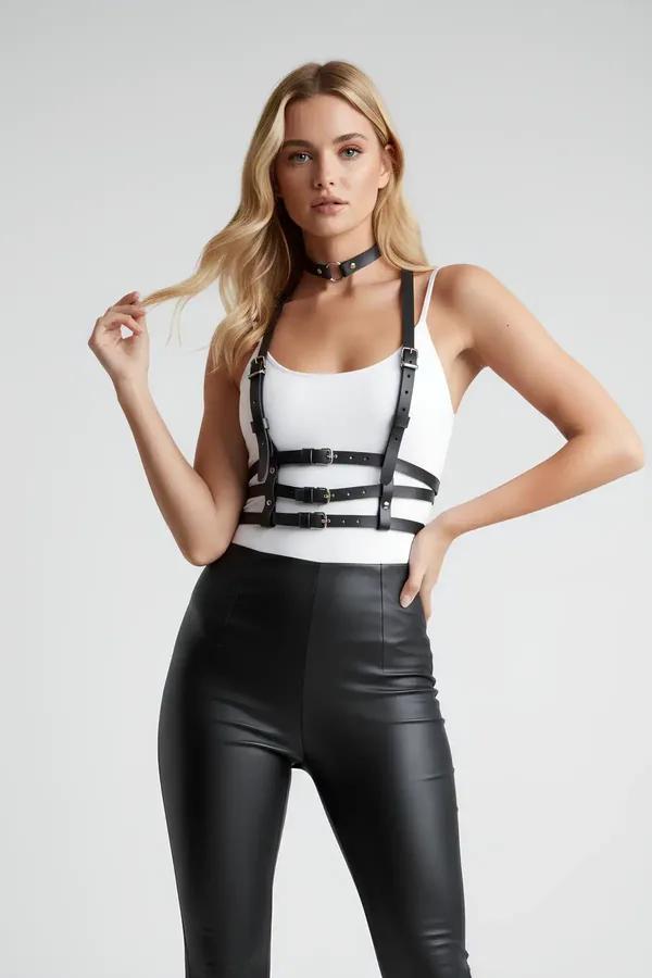 Adjustable Faux Leather Chest Harness with O-Ring Choker