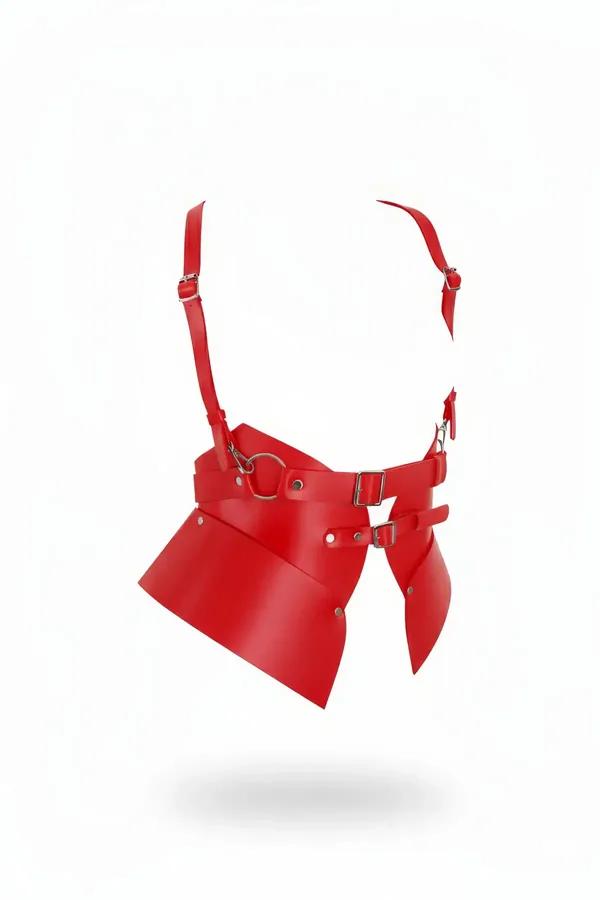 Red Faux Leather Waspie Waist Harness with O-Ring & Skirt Panels