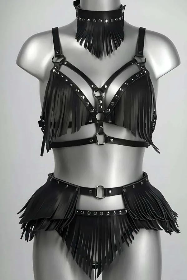 Fringed Bustier Harness Set with Studded Skirt & Choker