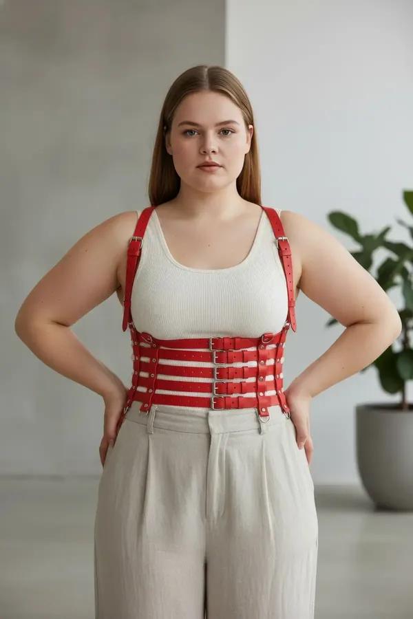 red faux leather multi-strap body harness with silver buckles worn over white tank top