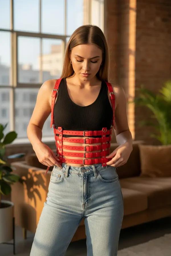 red faux leather caged body harness with five horizontal straps and silver buckles worn over white top