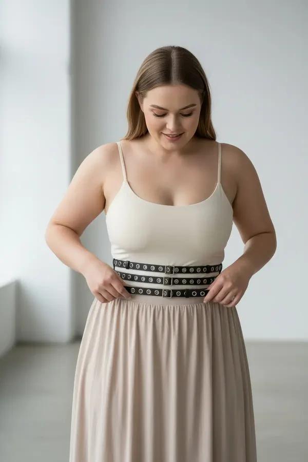 ខ្សែក្រវ៉ាត់ Corset ស្បែក សិប្បនិម្មិត ពណ៌ ខ្មៅ ម៉ូដ ខ្សែ បី ជាន់ ជាមួយ ក្បាល ដែក ពណ៌ ប្រាក់ លម្អ លើ អាវ វាល ស្មា ពណ៌ ស