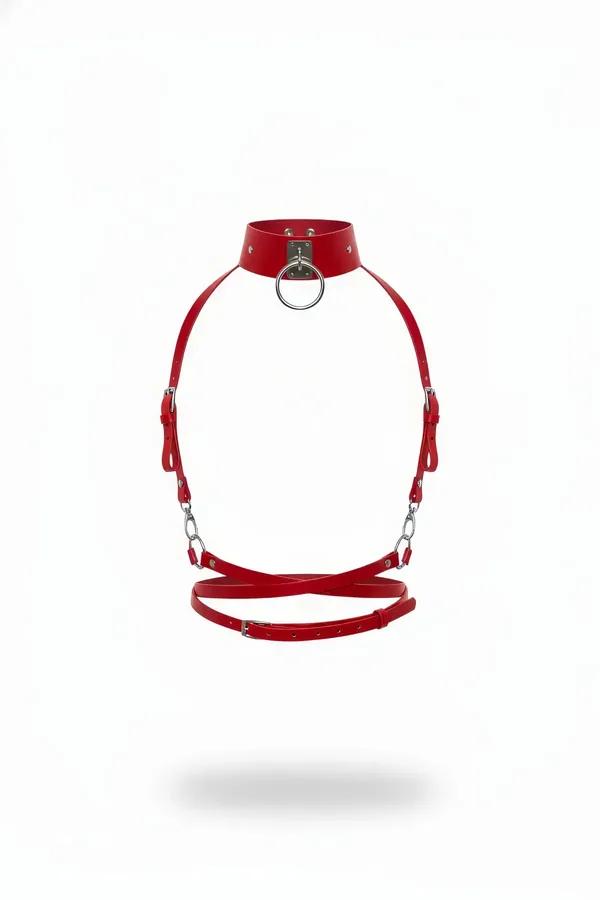 Red Faux Leather Body Harness with O-Ring Choker and Chains