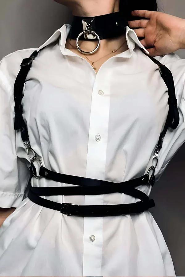 Faux Leather Chest Harness with O-Ring Choker