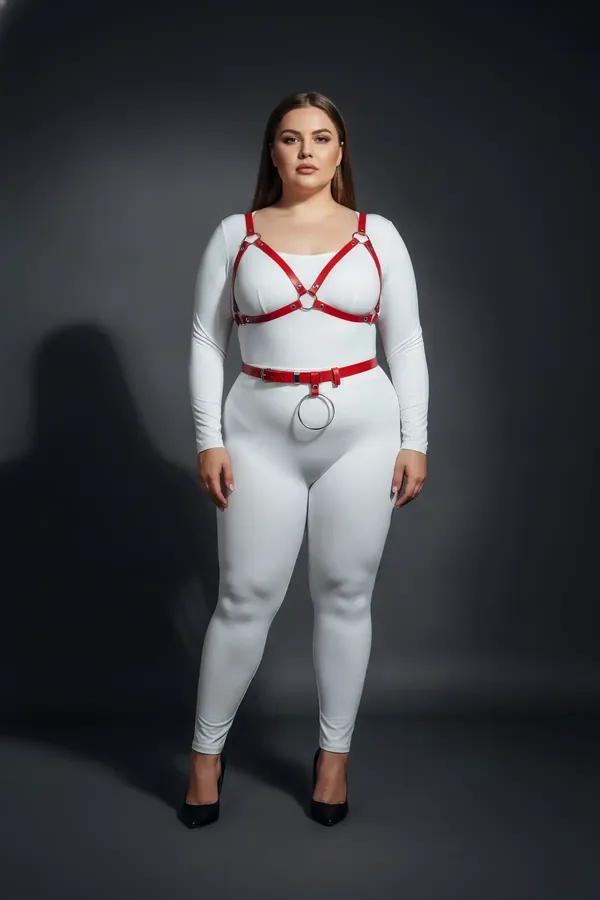 red vegan leather chest harness and waist belt set with silver O-ring on plus-size model over white bodysuit
