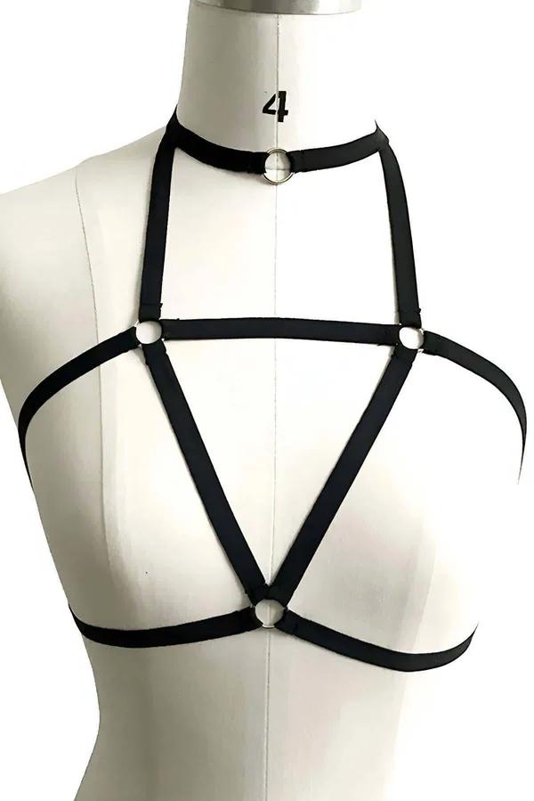 Strappy Black Chest Harness with O-Ring Choker