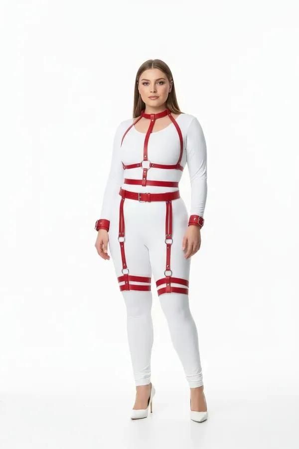 red faux leather full body harness set with garter straps and wrist cuffs silver O-ring hardware