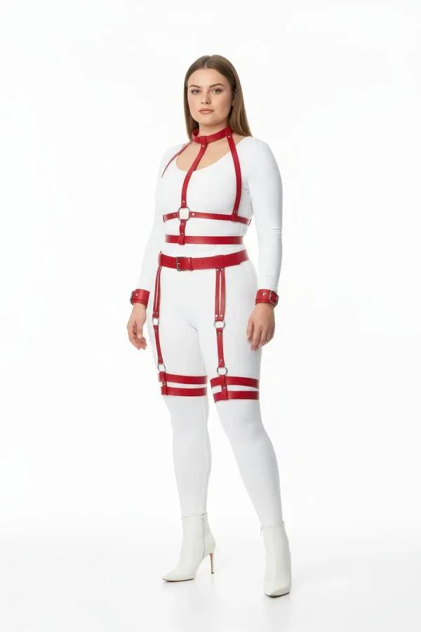 red faux leather full body harness set with garter straps and wrist cuffs silver O-ring hardware