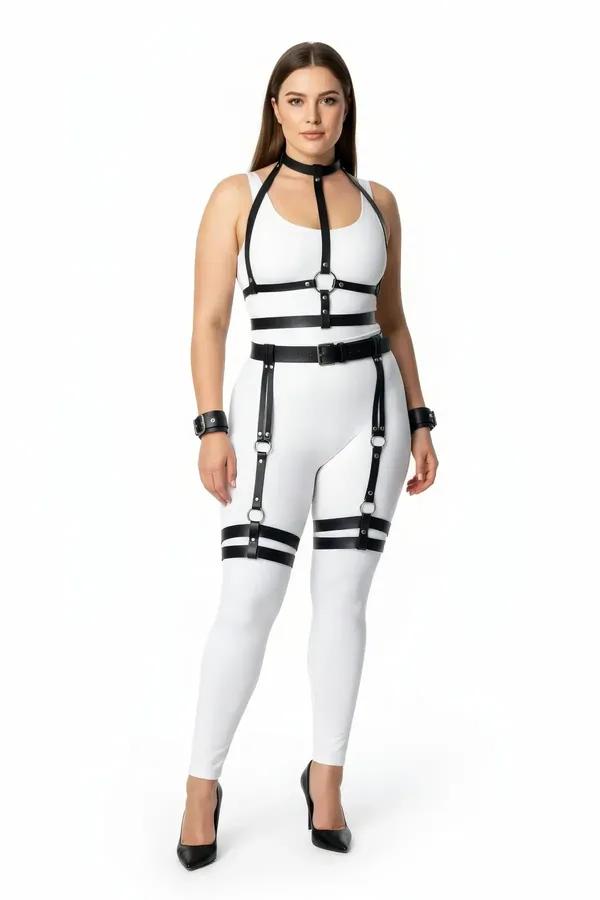 Black faux leather full body harness set with chest straps, waist belt, thigh garters and wrist cuffs, silver O-ring hardware