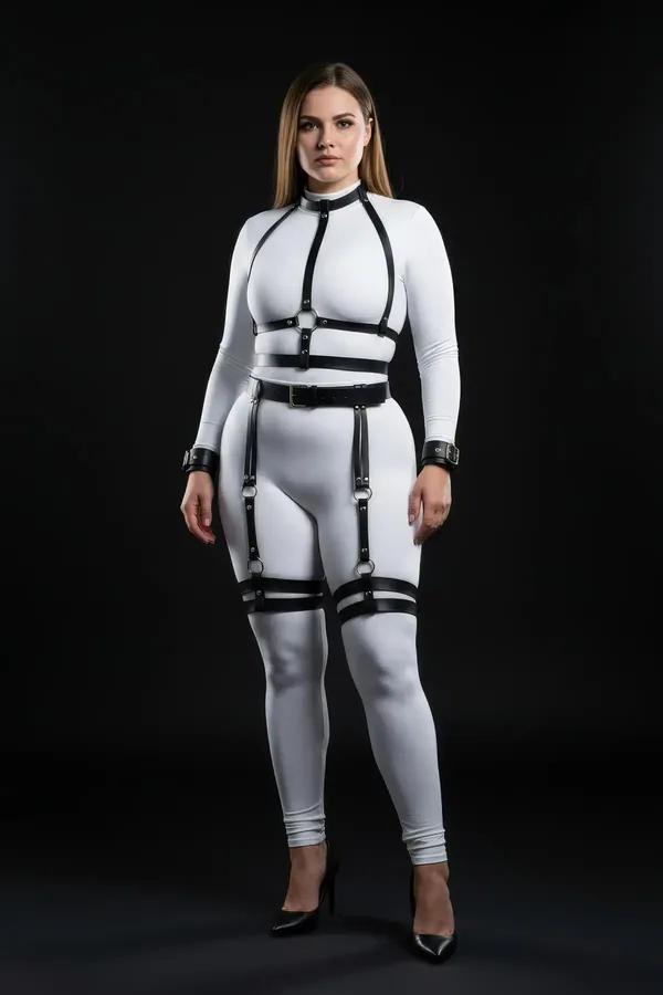 Black faux leather full body harness set with chest straps, waist belt, thigh garters and wrist cuffs, silver O-ring hardware